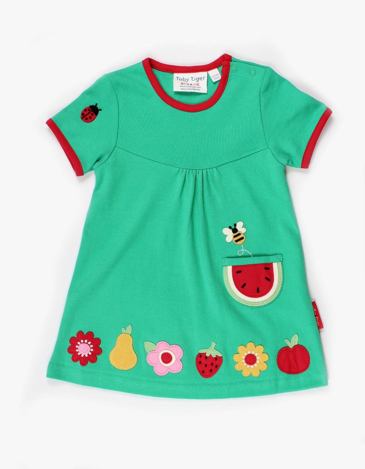 Organic Fruit Flower Applique T-Shirt Dress by Toby Tiger, GOTS-certified, vetted by KIDDYKIND