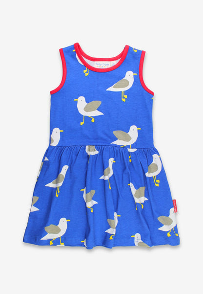 Organic Seagull Harbour Print Summer Dress by Toby Tiger, GOTS-certified, vetted by KIDDYKIND