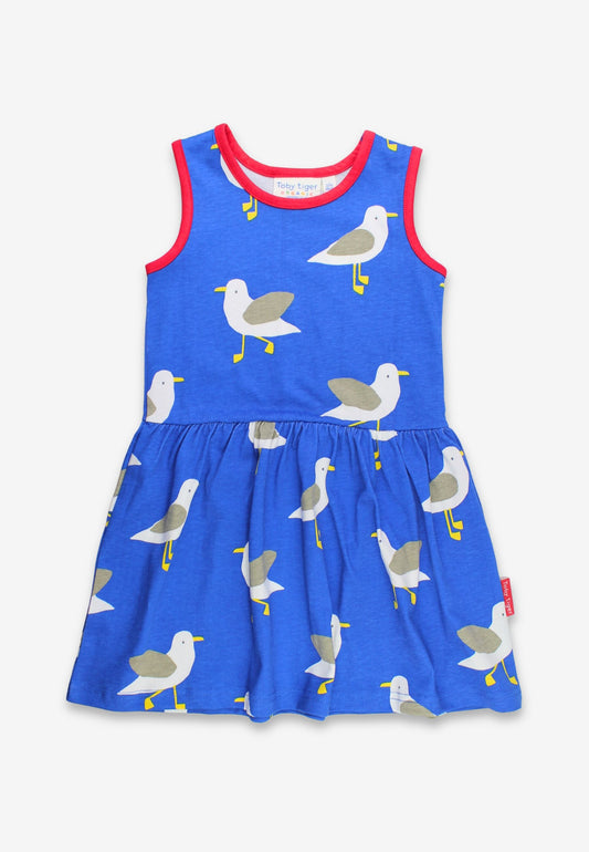 Organic Seagull Harbour Print Summer Dress by Toby Tiger, GOTS-certified, vetted by KIDDYKIND