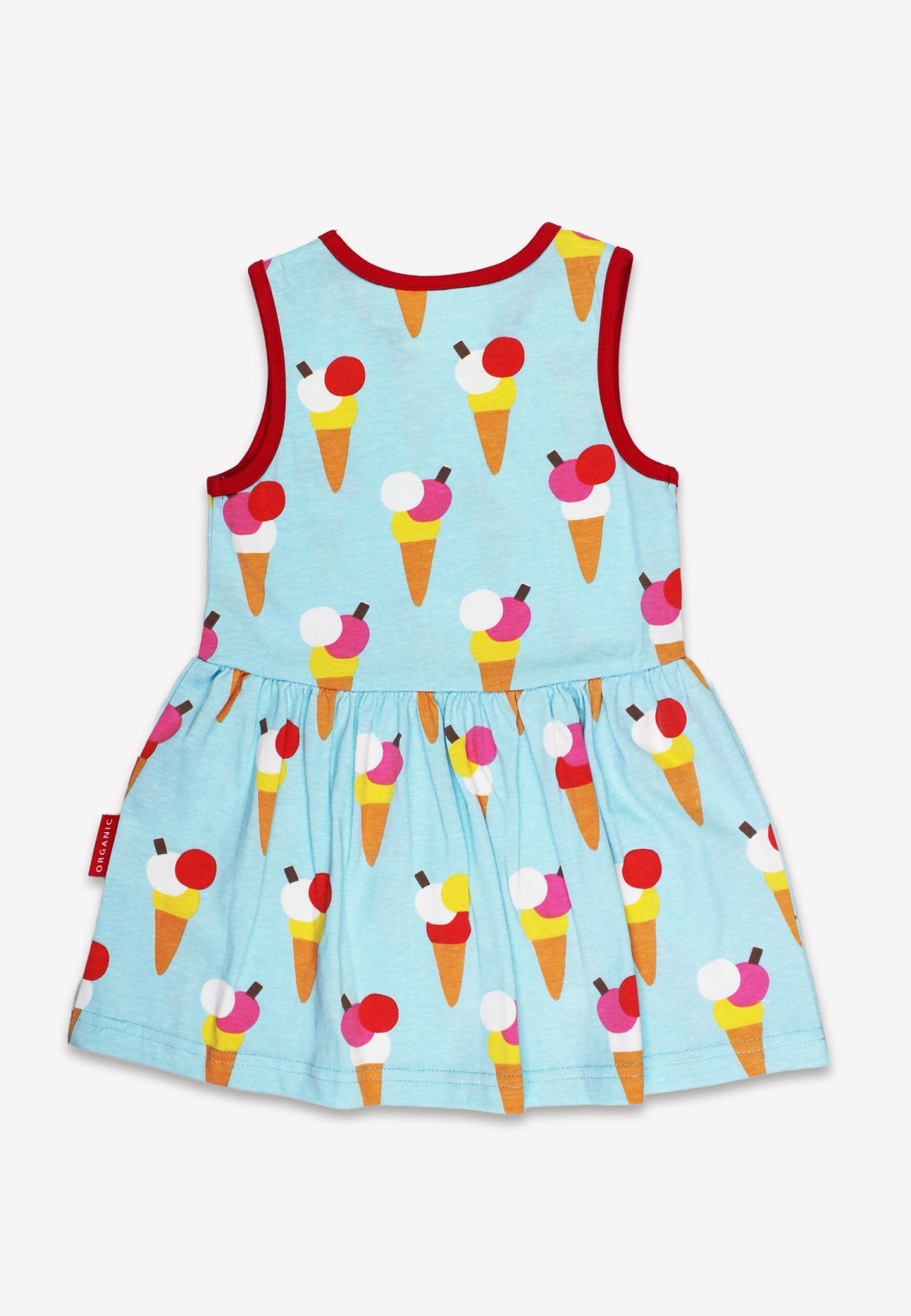 Toby Tiger Organic Ice Cream Cones Print Summer Dress front view - organic cotton organic cotton kids dress sustainable UK | Kiddykind