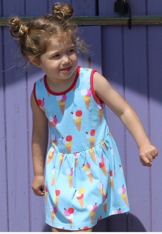 Toby Tiger Organic Ice Cream Cones Print Summer Dress - GOTS certified organic cotton organic cotton kids dress - sustainable ethical children's clothing UK | Kiddykind