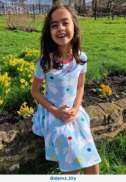 Organic Bunny Hop Print Short-Sleeved Skater Dress