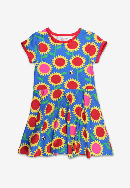 Organic Sunflower Print Short-Sleeved Skater Dress by Toby Tiger, GOTS-certified, vetted by KIDDYKIND