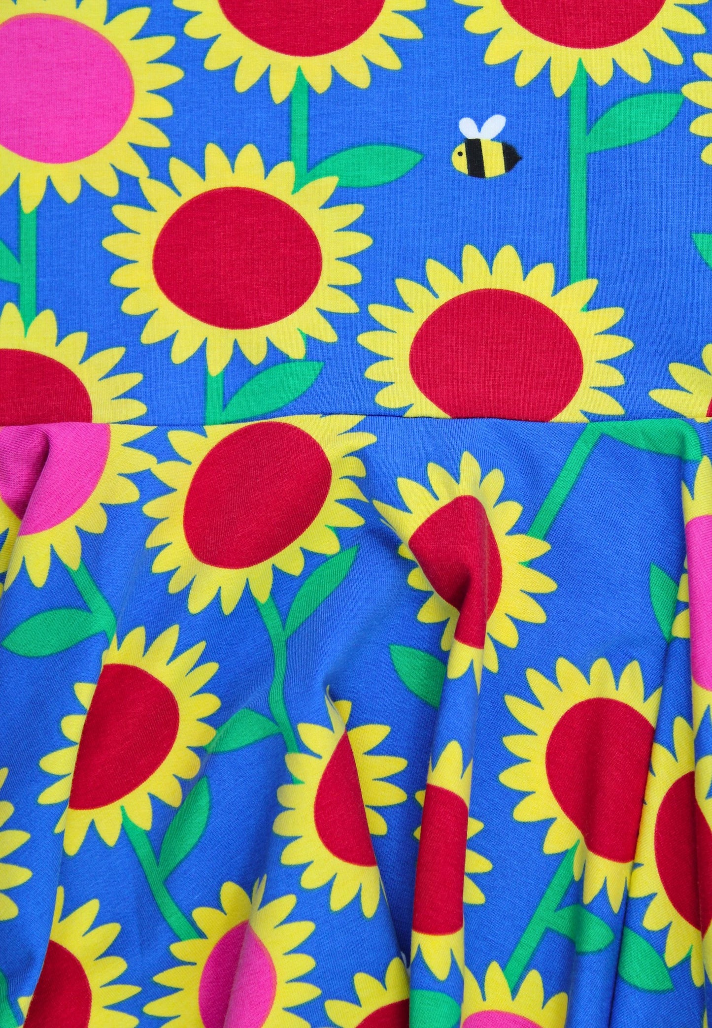 Organic Sunflower Print Short-Sleeved Skater Dress by Toby Tiger, GOTS-certified, vetted by KIDDYKIND