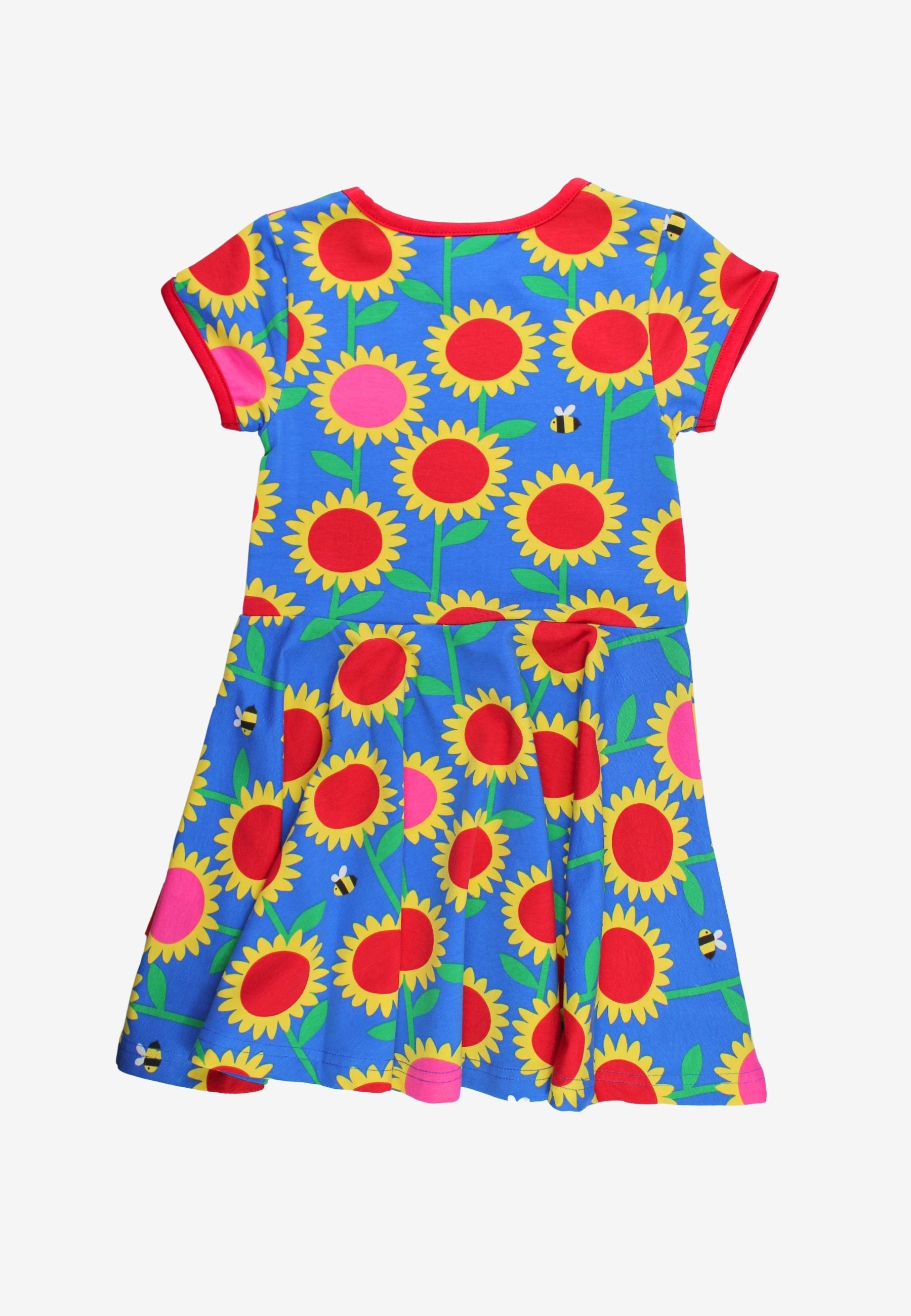 Organic Sunflower Print Short-Sleeved Skater Dress by Toby Tiger, GOTS-certified, vetted by KIDDYKIND