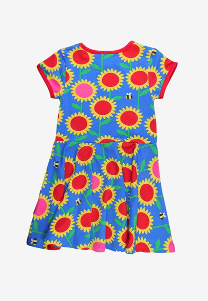 Organic Sunflower Print Short-Sleeved Skater Dress by Toby Tiger, GOTS-certified, vetted by KIDDYKIND