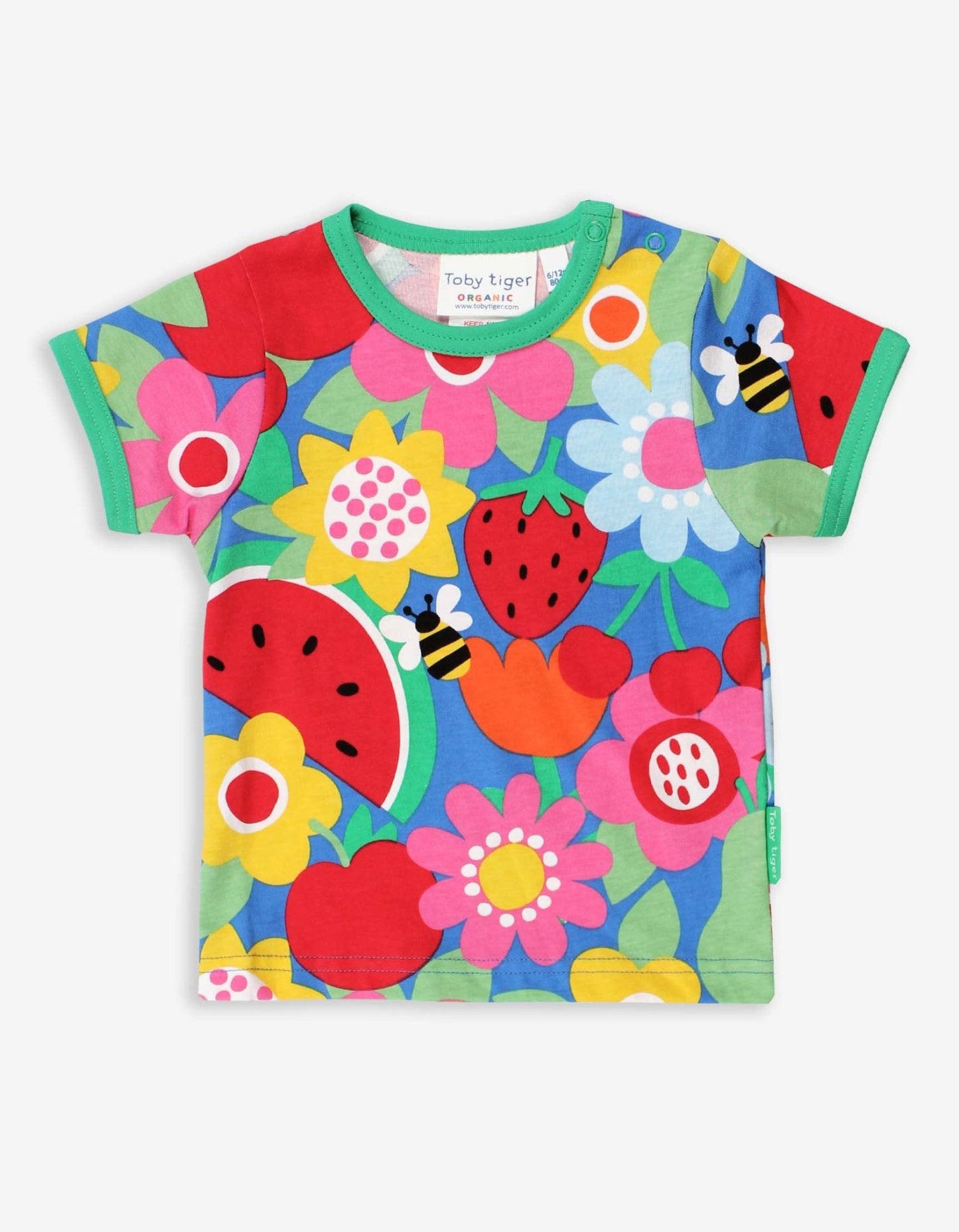 Organic Fruit Flower Print Short-Sleeved T-Shirt by Toby Tiger, GOTS-certified, vetted by KIDDYKIND