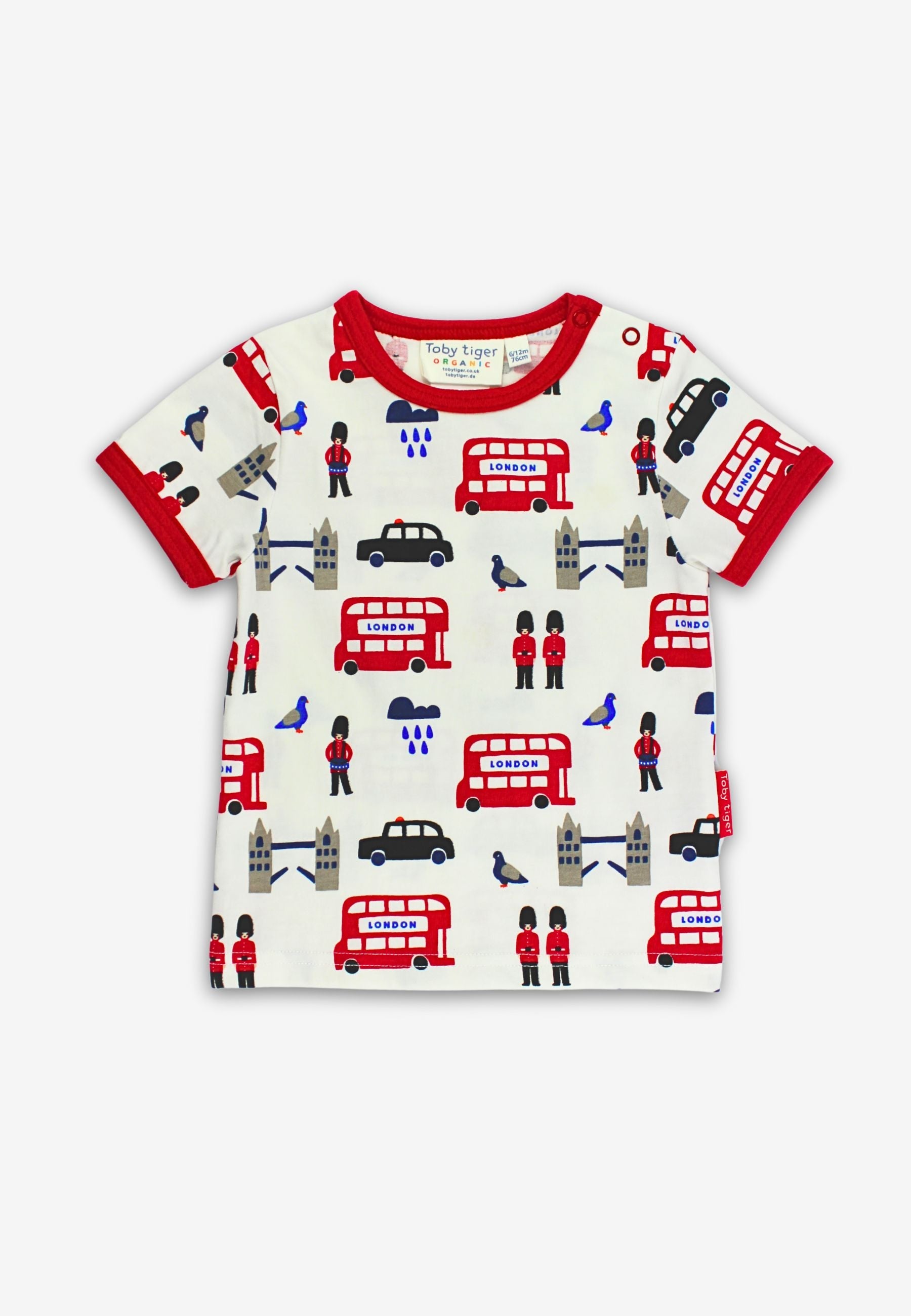 Children's t-shirt with London-themed design on a white background