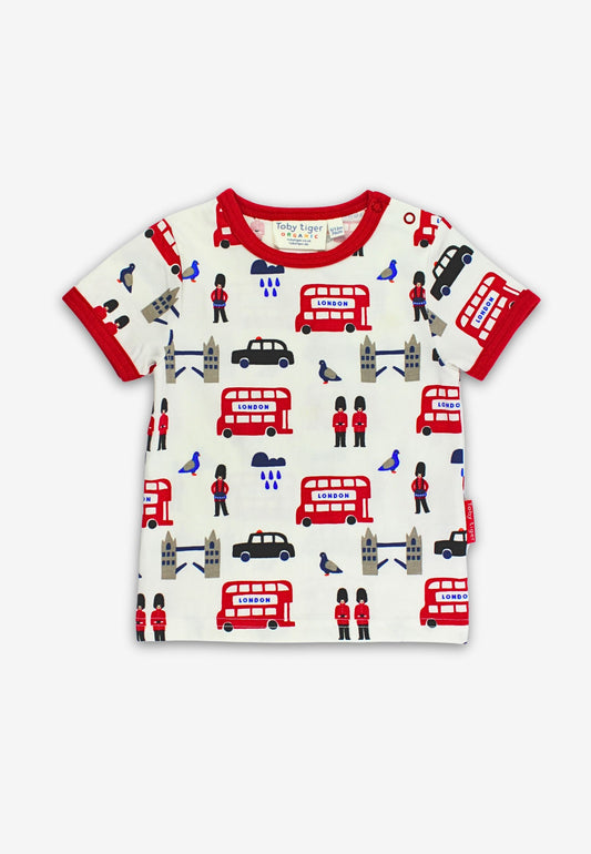 Children's t-shirt with London-themed design on a white background