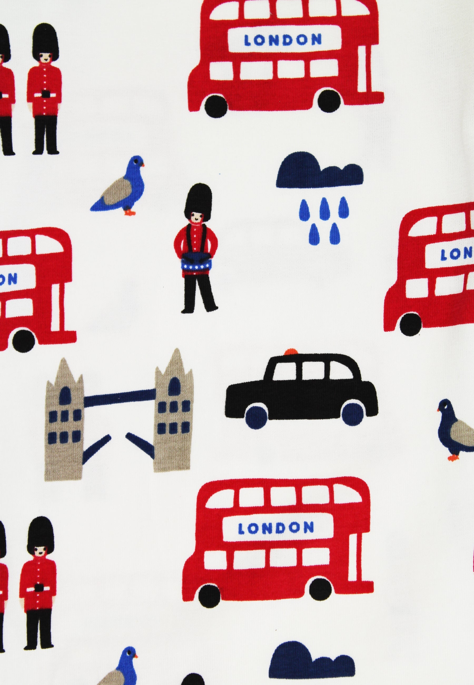 Pattern with red London buses, black taxis, and British guards on a white background.