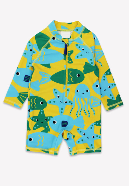 Yellow baby swimsuit with green and blue sea creature and fish print