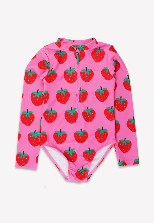 Pink swimsuit with strawberry pattern on a white background