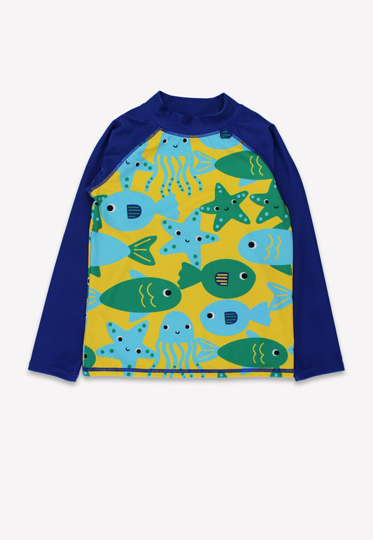 Children's swimsuit with fish pattern on a white background