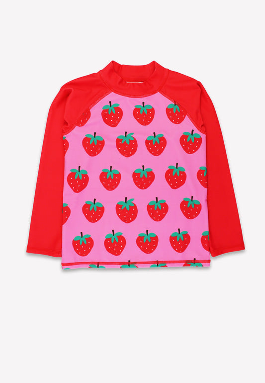 Children's long-sleeve shirt with strawberry pattern on a pink background
