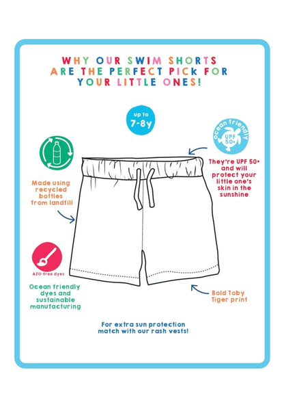 Whale Waves Print Kids' Swim Shorts by Toby Tiger, OEKO-TEX certified, vetted by KIDDYKIND