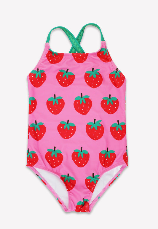Pink swimsuit with strawberry pattern on a white background