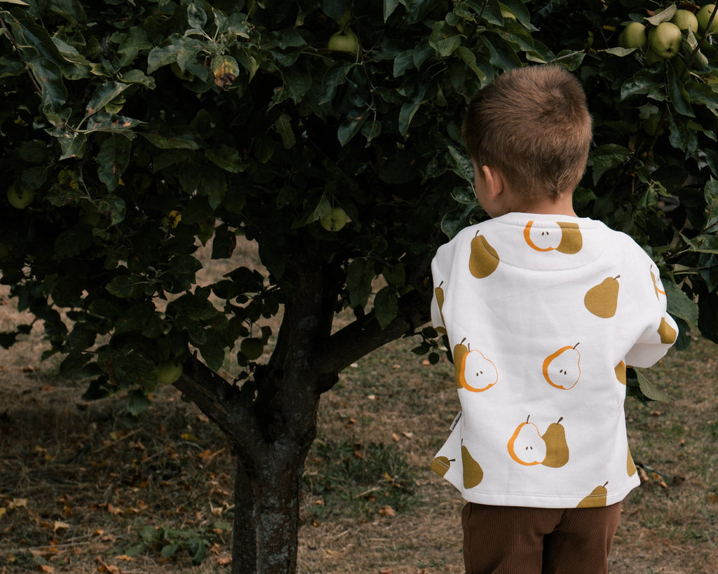 Toddler wearing Wildgreen Autumn Pear print sweater made from organic undyed cotton, unisex and gender-neutral sustainable kidswear, whilst apple picking