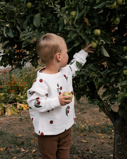 Boy wearing Wildgreen raspberry print sweater made from 100% organic cotton, unisex and gender-neutral sustainable kidswear