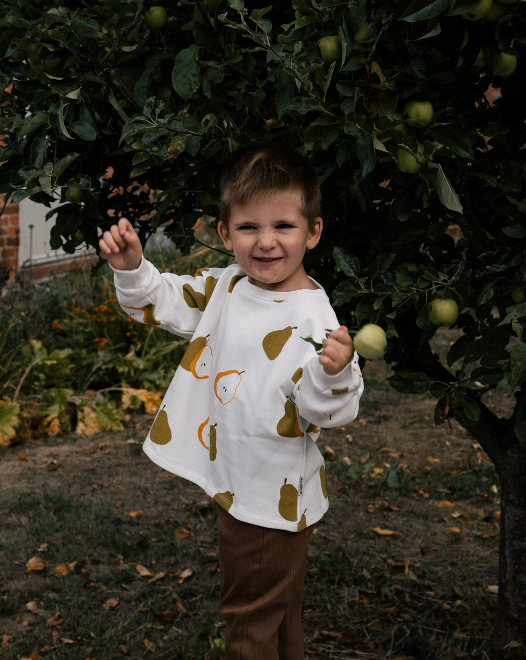 Toddler wearing Wildgreen Autumn Pear print sweater made from organic undyed cotton, unisex and gender-neutral sustainable kidswear, whilst apple picking