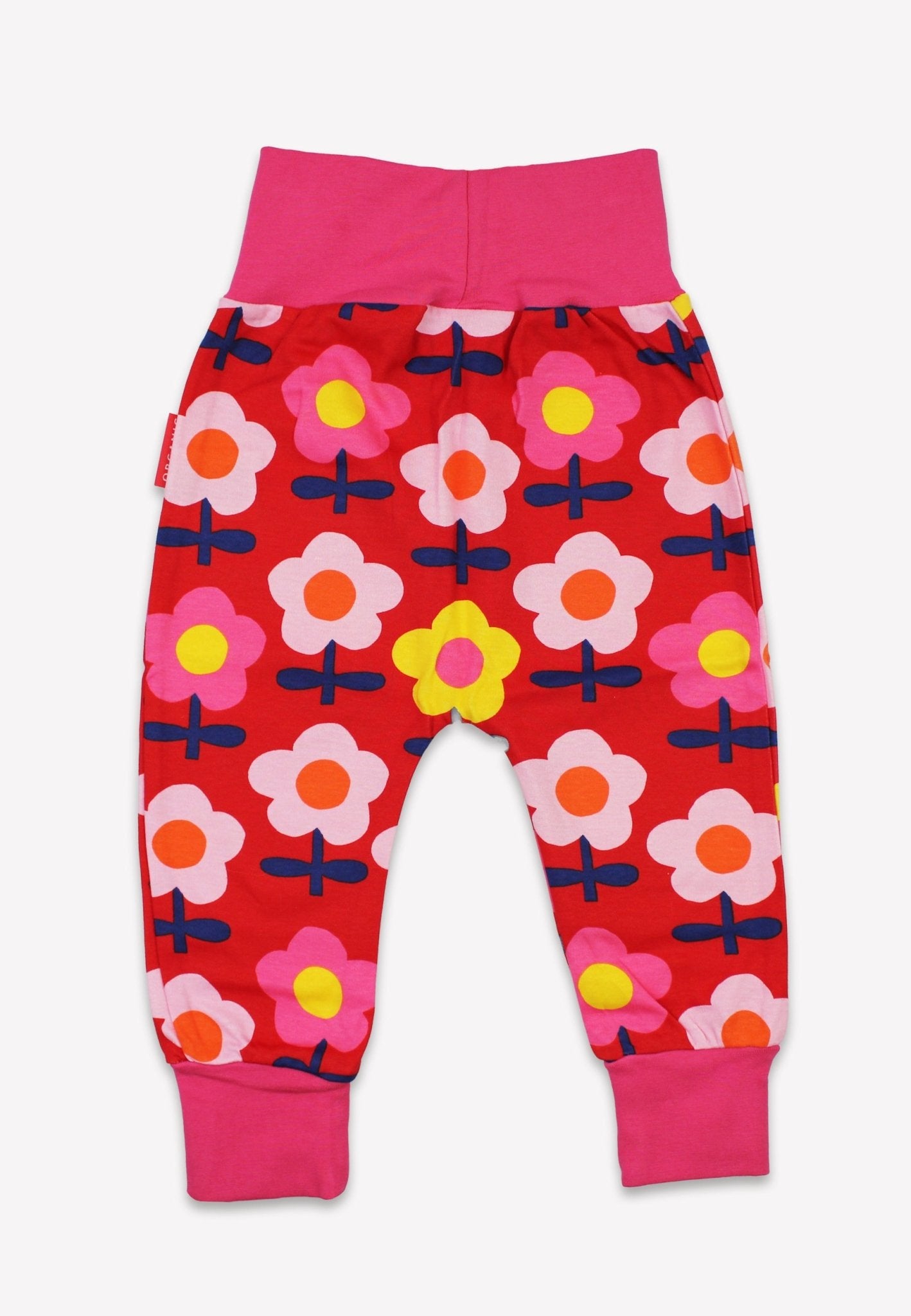 Organic Pink Flower Print Yoga Pants by Toby Tiger, GOTS-certified, vetted by KIDDYKIND