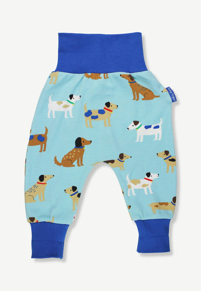 A pair of baby jogger pants featuring a light blue base with a playful all-over print of cartoon dogs in brown, white, and tan. The pants have solid royal blue ribbed waistbands and cuffs, and a small blue fabric brand tag is visible on the right side.