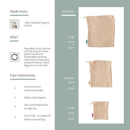 Reusable Mesh Produce Bags - Organic Cotton - 3 Pack