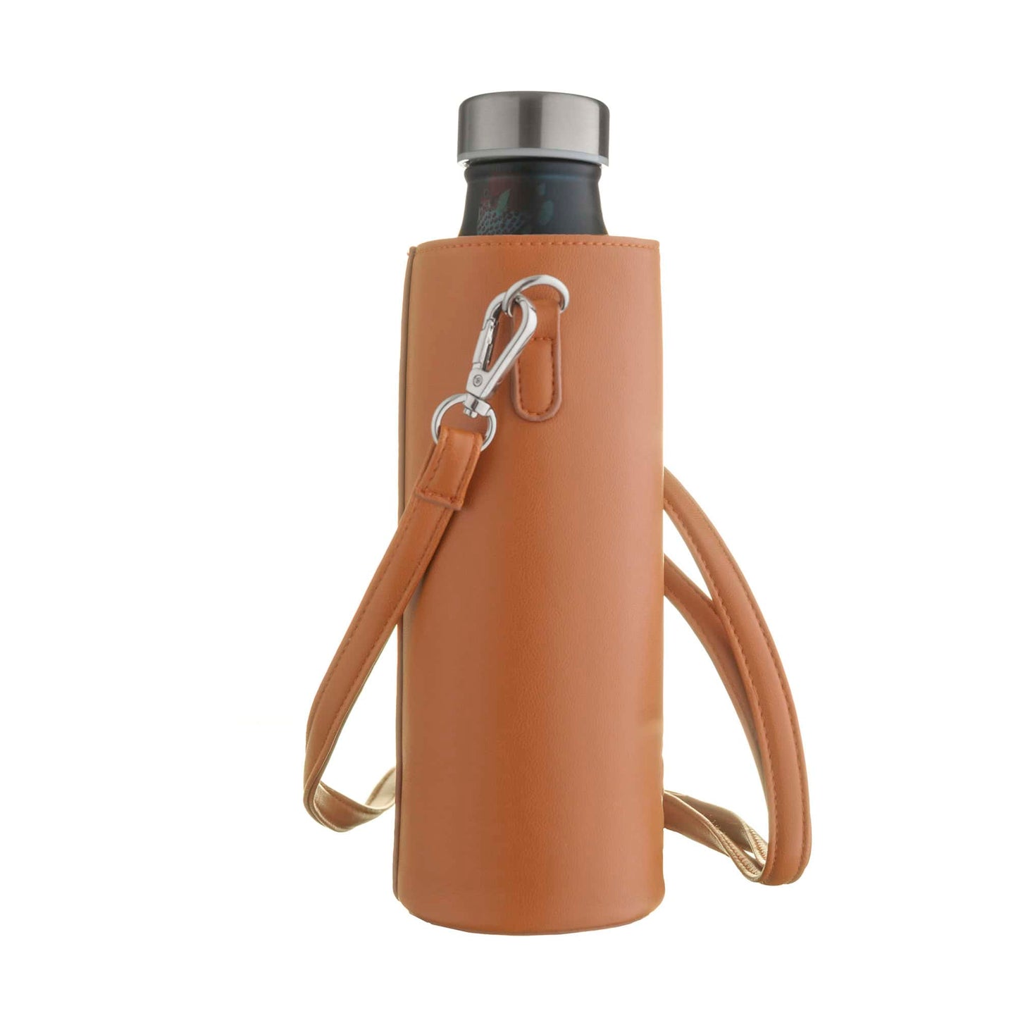 Faux Real! Vegan leather bottle carrier tan | stainless steel plastic-free kids UK — KIDDYKIND