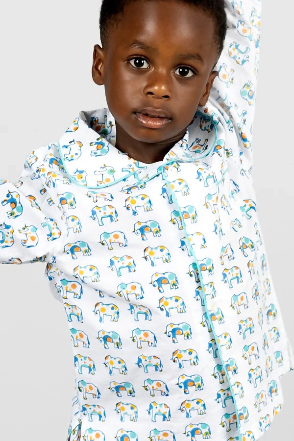 100% GOTS Certified Organic Cotton Kids Pyjamas. Award-winning kids pyjamas printed with dot to dot Ella the Elephant, that get softer with each wash. Kutti Lulu kids pyjamas, organic cotton kids pyjamas, organic cotton baby sleepwear