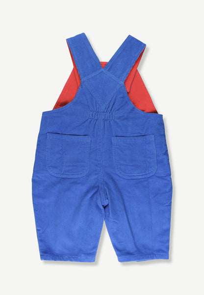 A pair of blue corduroy baby overalls shown from the back, featuring a red inner lining and two front patch pockets, laid flat on a light cream background.
