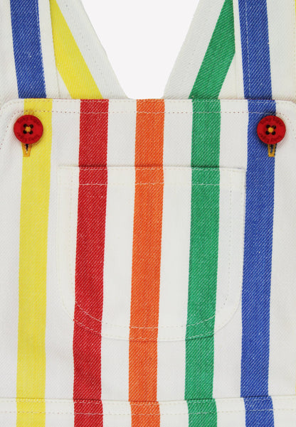 Close-up of a colorful striped garment with buttons on a white background