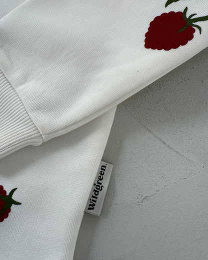 Wildgreen raspberry print long-sleeve sweater made from 100% organic undyed cotton. Unisex sustainable kidswear