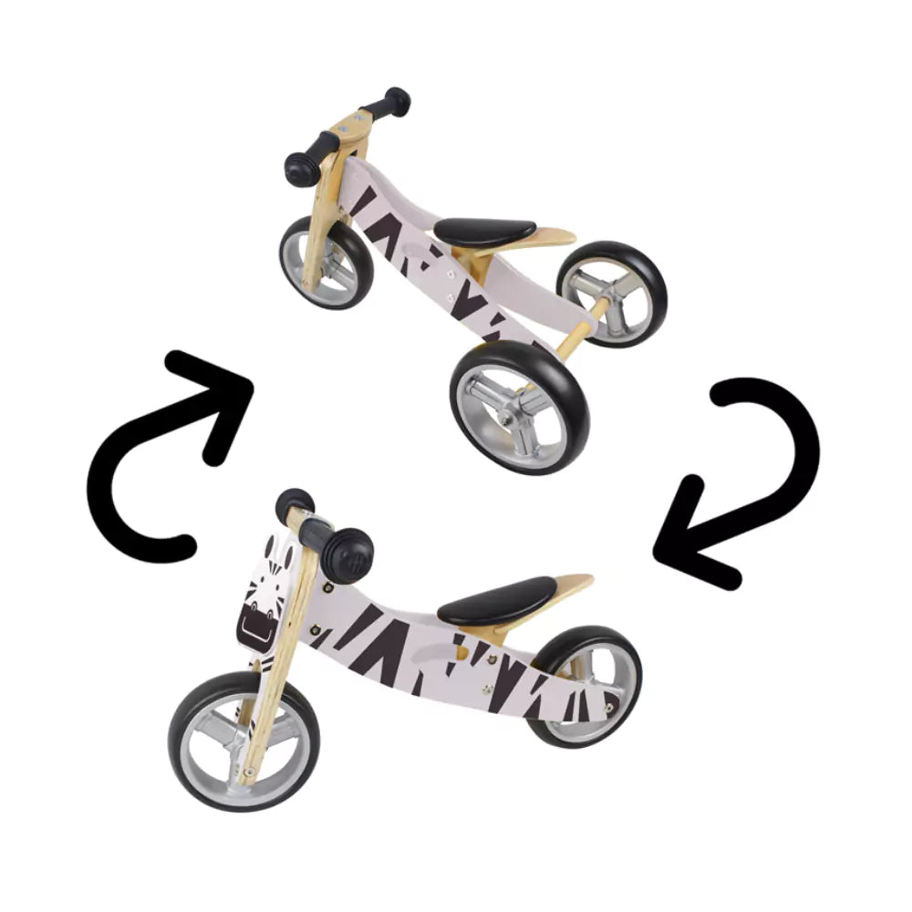 Hooga Playroom 2-in-1 wooden toddler balance bike and trike in Zebra, view 2