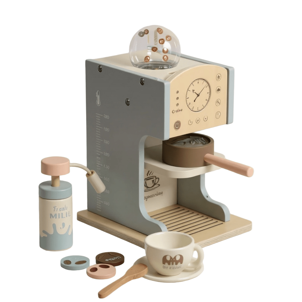Blue wooden toy coffee maker role-play set, view 2