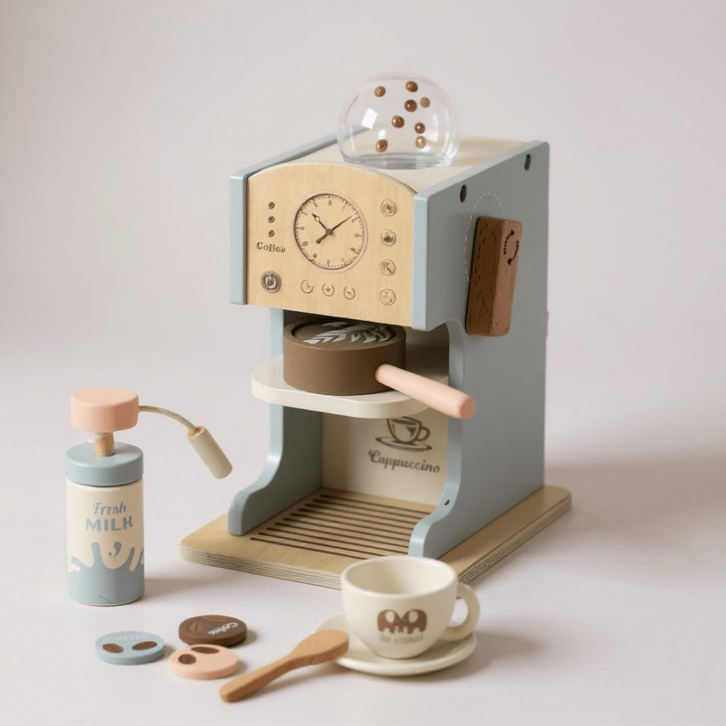 Blue wooden toy coffee maker role-play set, view 3