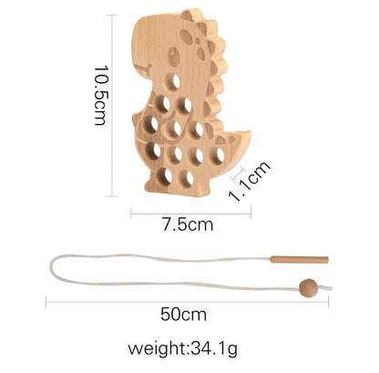 Wooden dinosaur lacing toy with cotton cord, view 4
