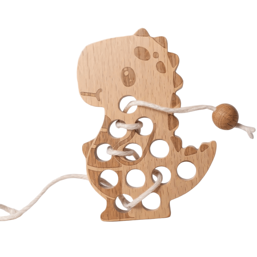 Wooden dinosaur lacing toy with cotton cord, view 2