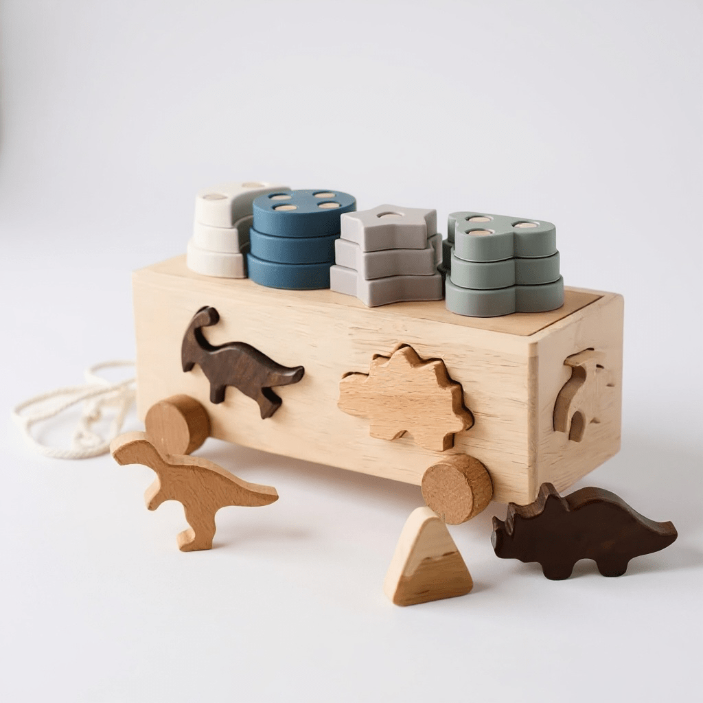 Wooden dinosaur shape sorting box pull-along toy, view 3