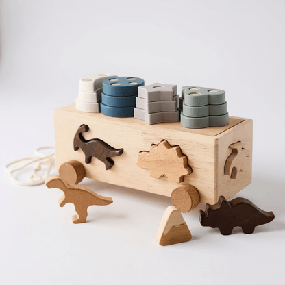 Wooden dinosaur shape sorting box pull-along toy, view 3