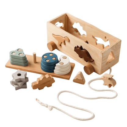 Wooden dinosaur shape sorting box pull-along toy, view 2