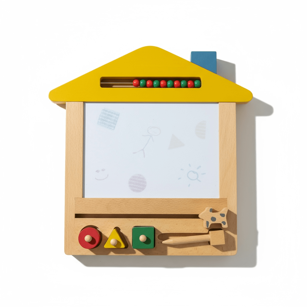 House-shaped wooden magnetic drawing board with shapes and counting beads, view 2