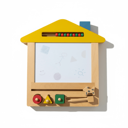 House-shaped wooden magnetic drawing board with shapes and counting beads, view 2