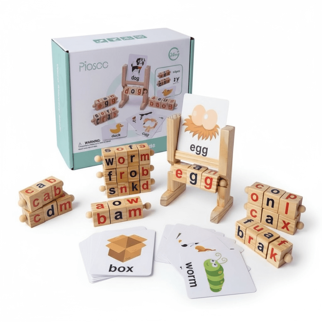 Wooden phonics word building rack with rotating letter blocks and picture cards, view 2
