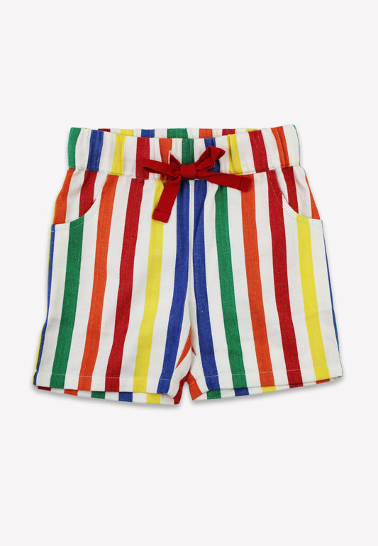 Multicolored striped shorts with a red drawstring on a white background