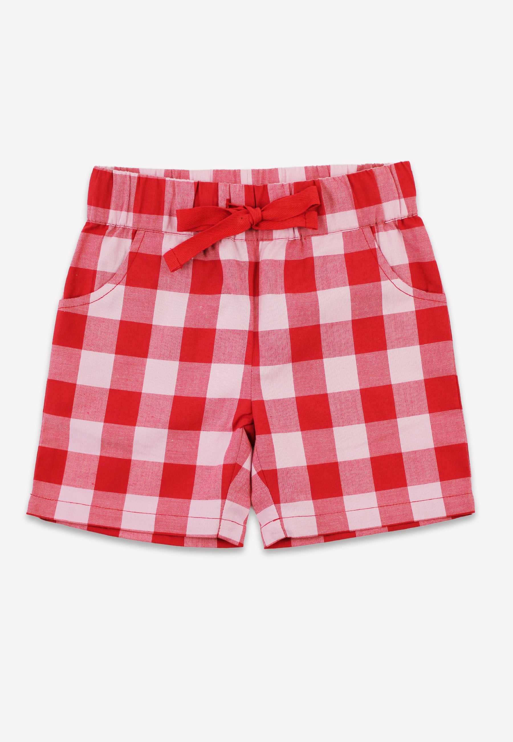 Red and white checkered shorts with a bow on a white background