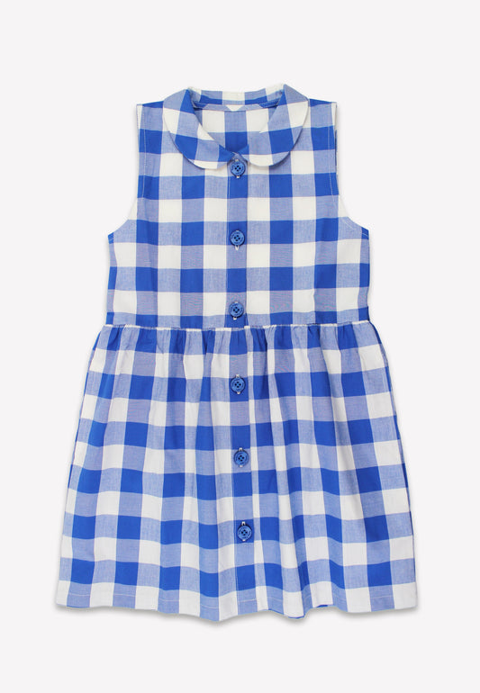 Blue and white checkered dress on a light gray background