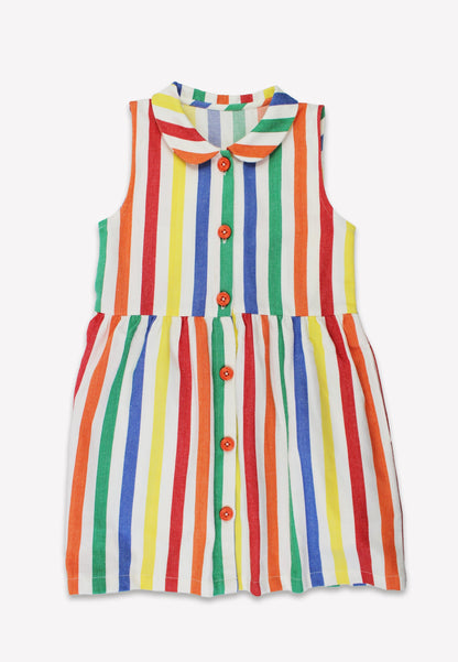 Colorful striped dress with buttons on a white background