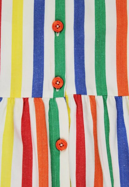 Close-up of a colorful striped fabric with orange buttons.