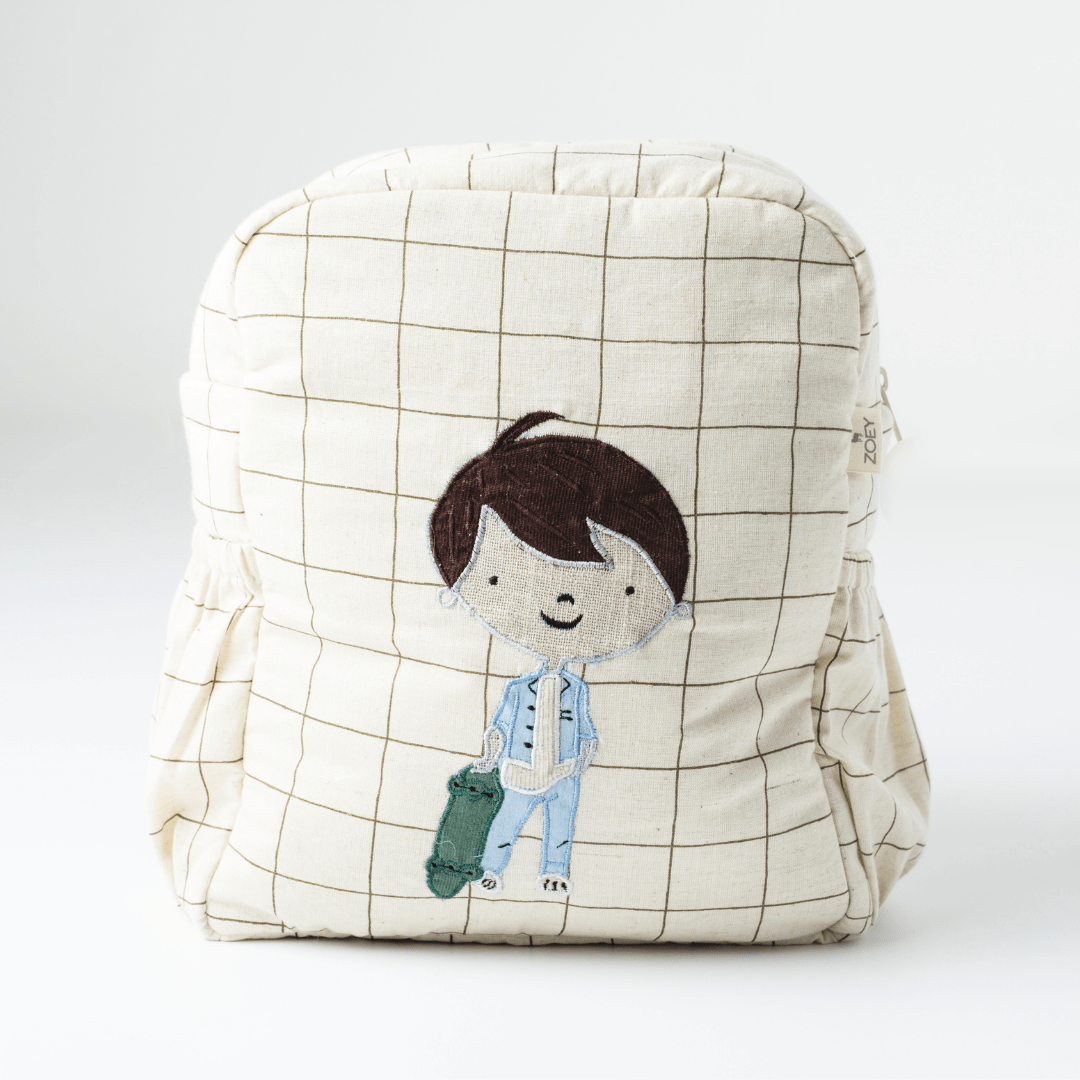 Zoey Skater Boy hand-embroidered skateboarding cotton kids backpack, view 3