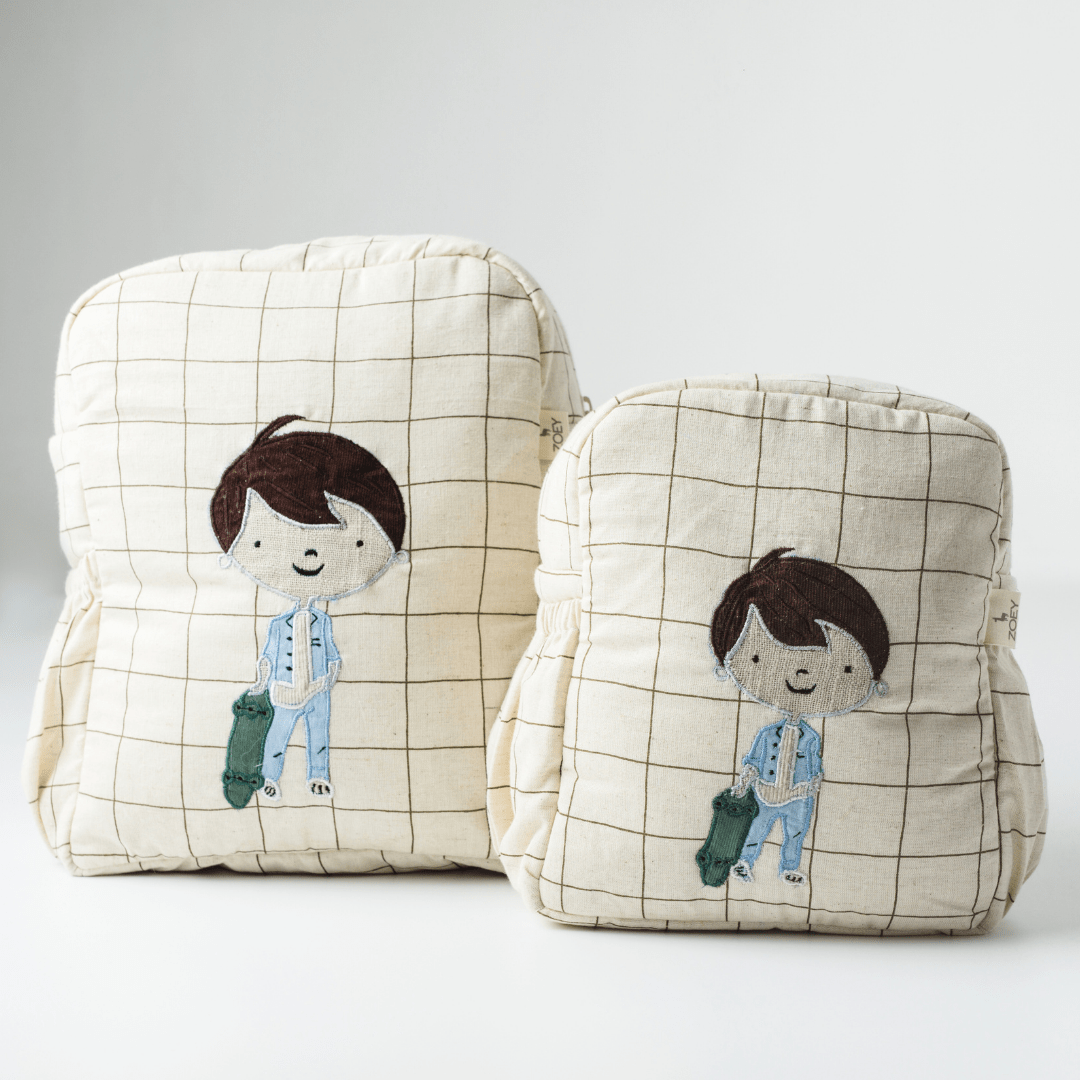 Zoey Skater Boy hand-embroidered skateboarding cotton kids backpack