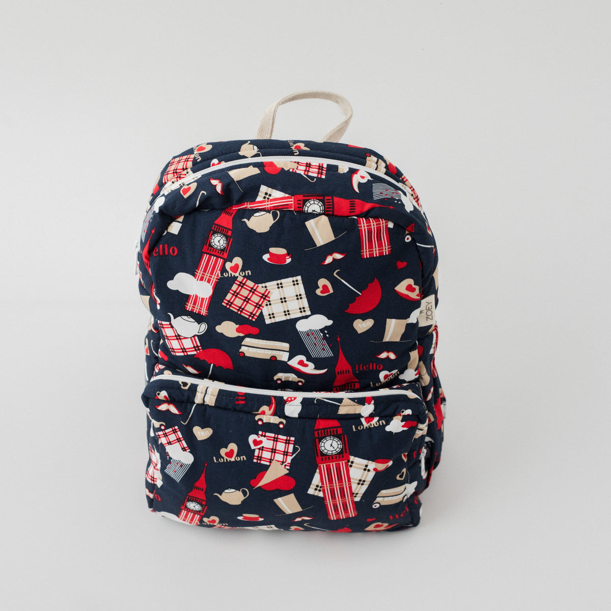Zoey Trip To London hand-embroidered London landmarks cotton kids backpack, view 4
